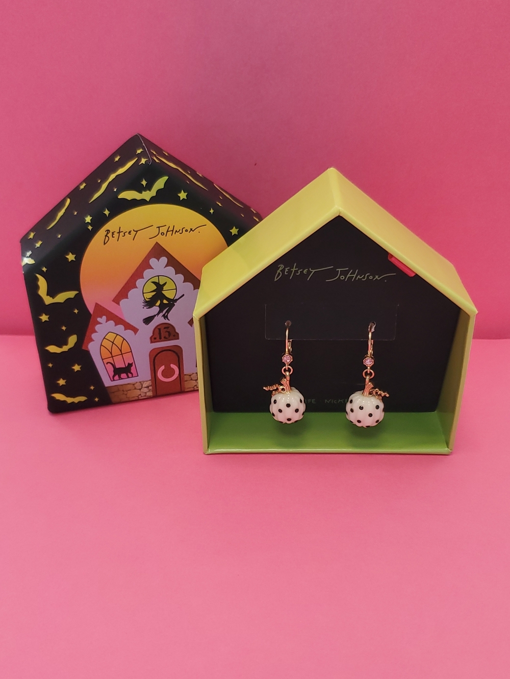 Betsey Johnson White Polka Dot Drop Earrings with Gold Accents